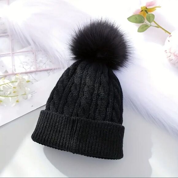 Accessories - Women’s Black Twisted Beanie Hat With Pom Poms, Knit Winter Hat